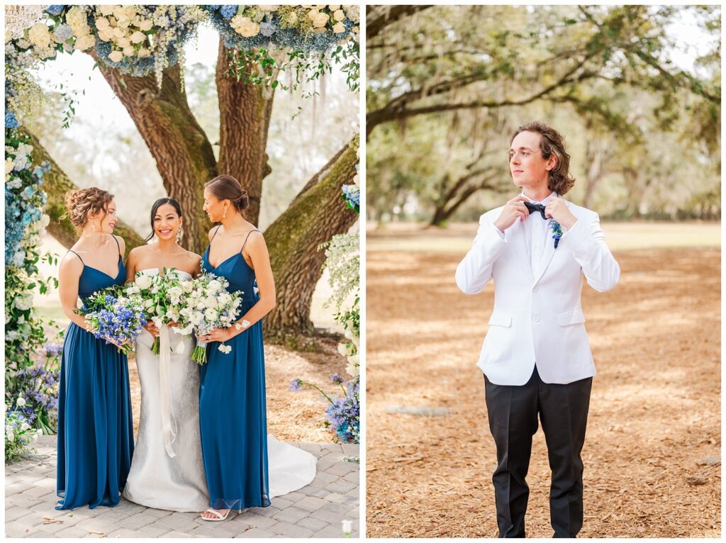 groom adjusting his tie outside at Hewitt Oaks wedding venue in Bluffton, SC