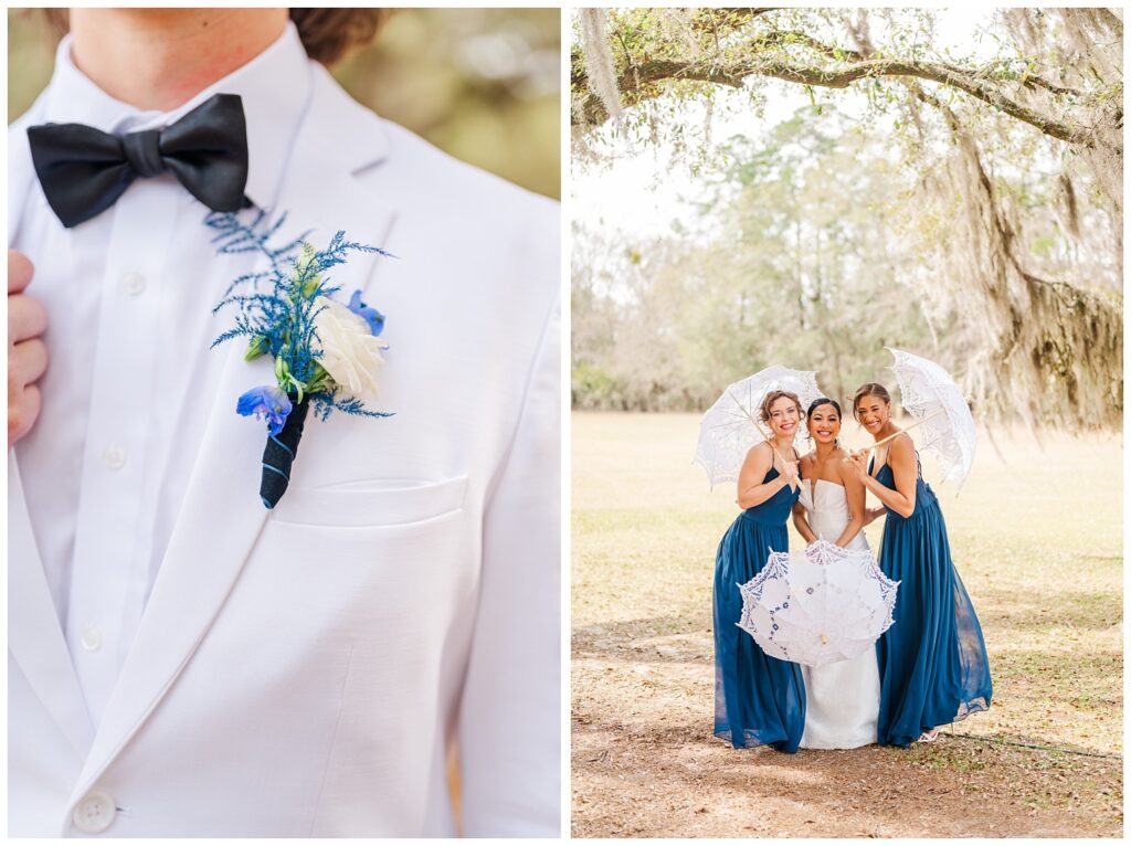 close up detail of the groom's blue and white boutonniere on his white tuxedo