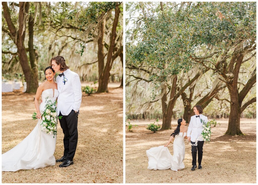 groom and bride walking outside at Hewitt Oaks venue laughing with each other 