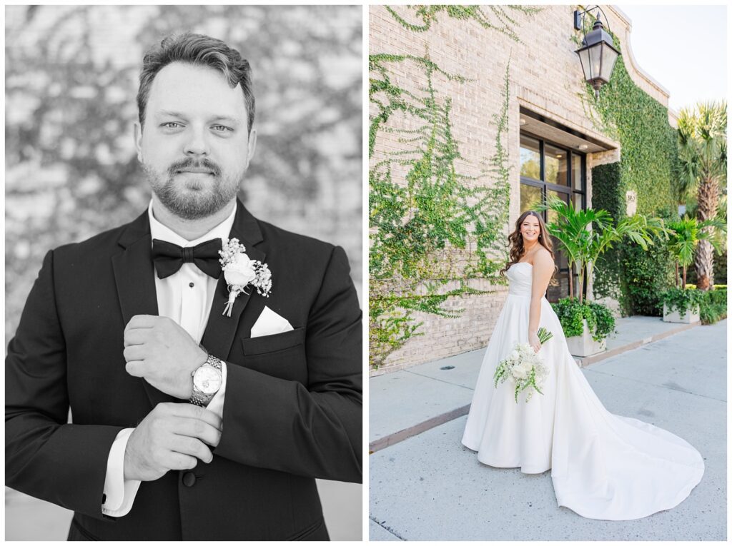 groom and bride posing by themselves outside the venue in Wilmington
