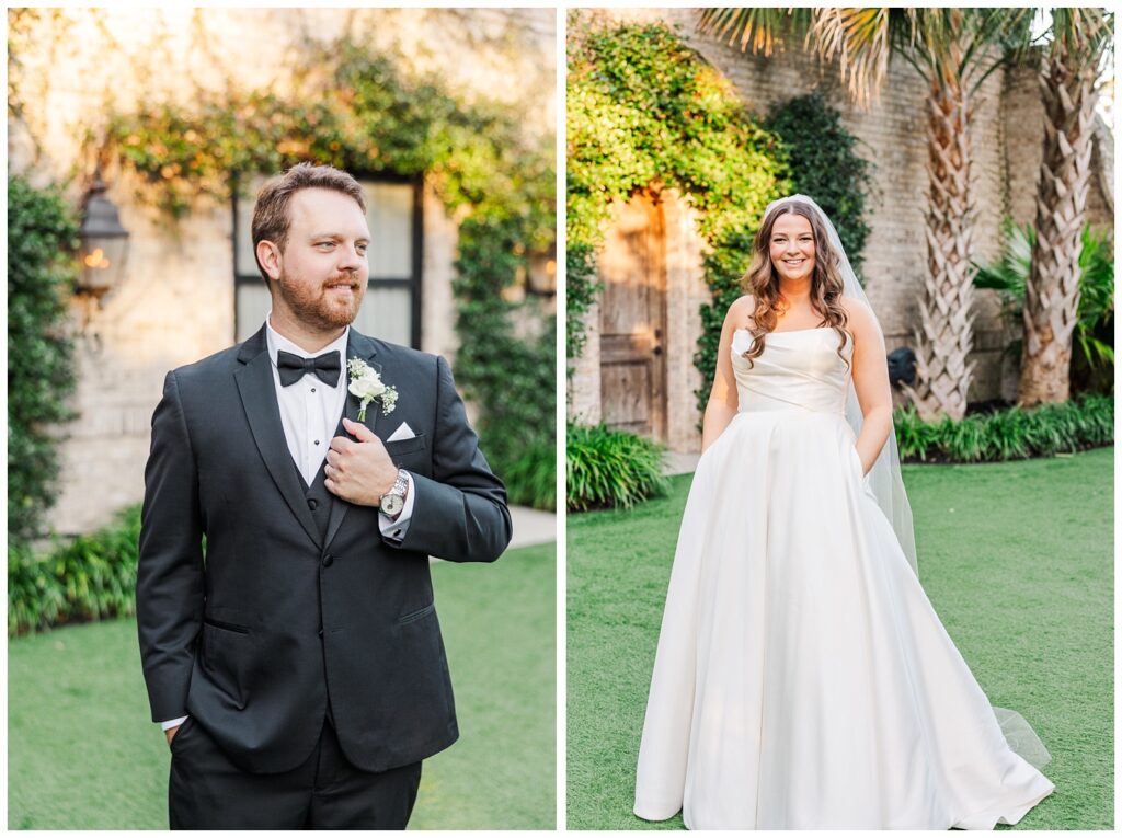 groom and bride posing by themselves outside at the Wilmington wedding venue 