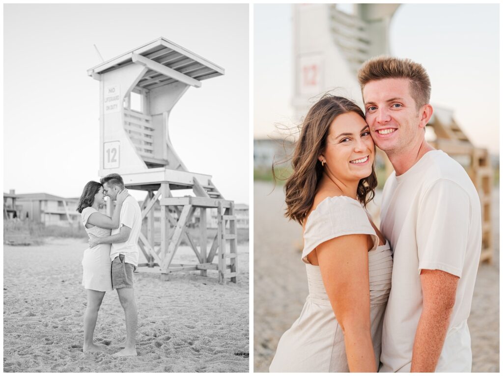 engagement session with Wilmington photographer on the beach at the lifeguard stand