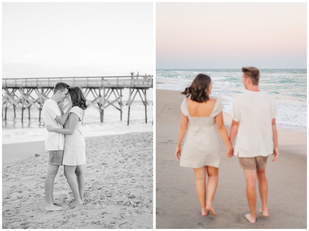 engagement couple walking along the beach near the waves in Wilmington