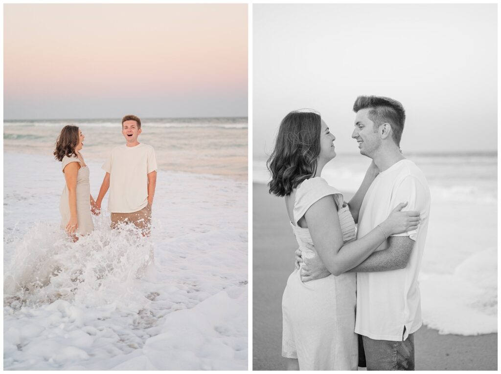 couple being hit by the waves at Wrightsville Beach during engagement session