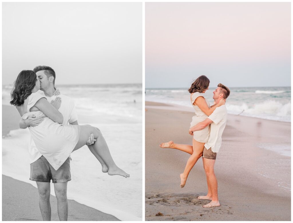 man carrying his fiancee on the beach next to the waves in Wilmington