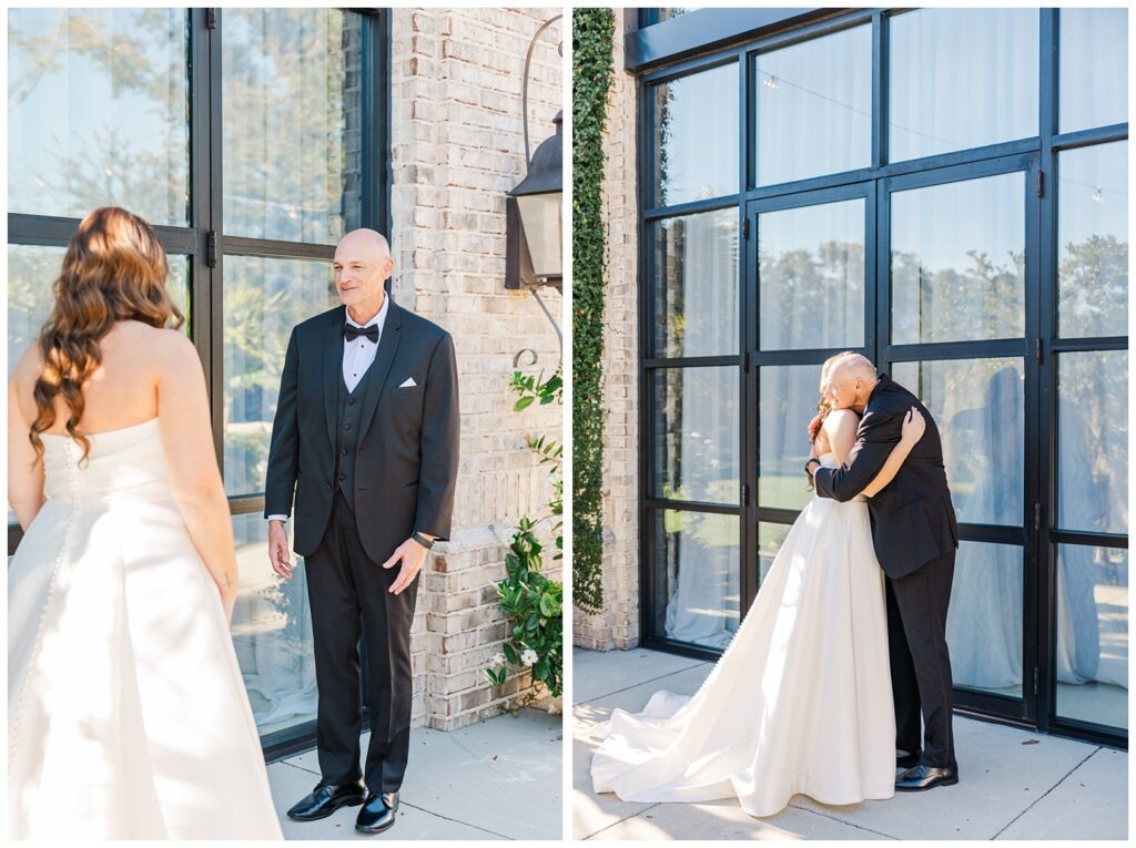 first look between the bride and her dad outside in front of large windows in Wilmington