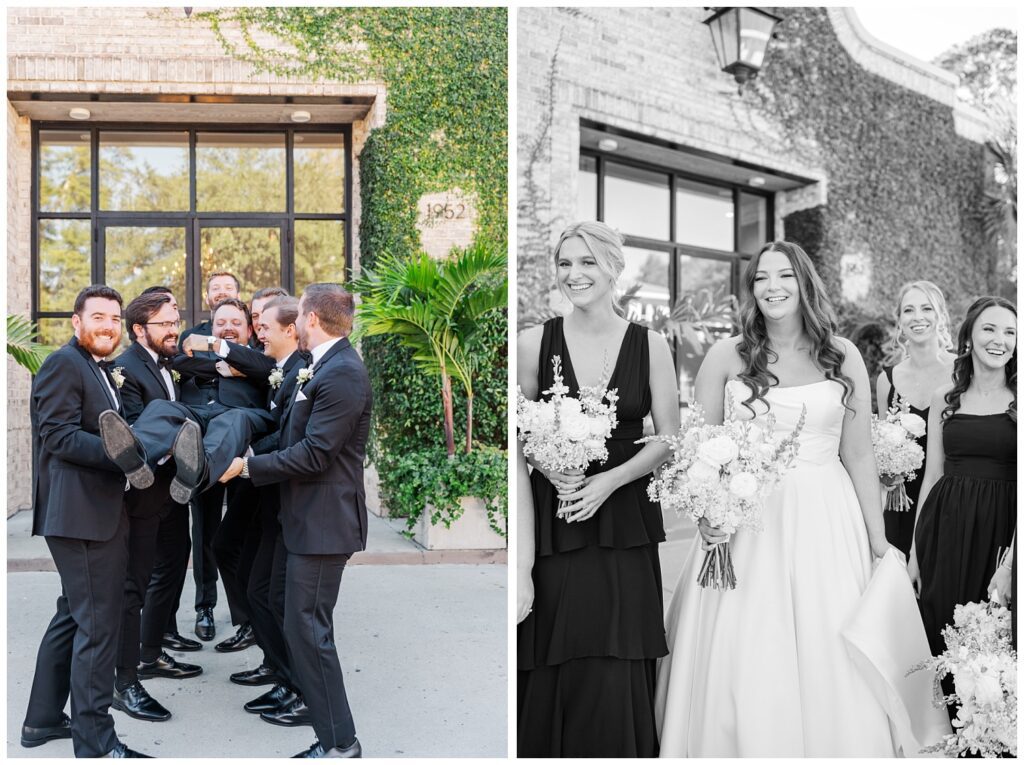 bride walking and laughing together before the wedding ceremony at Wrightsville Manor