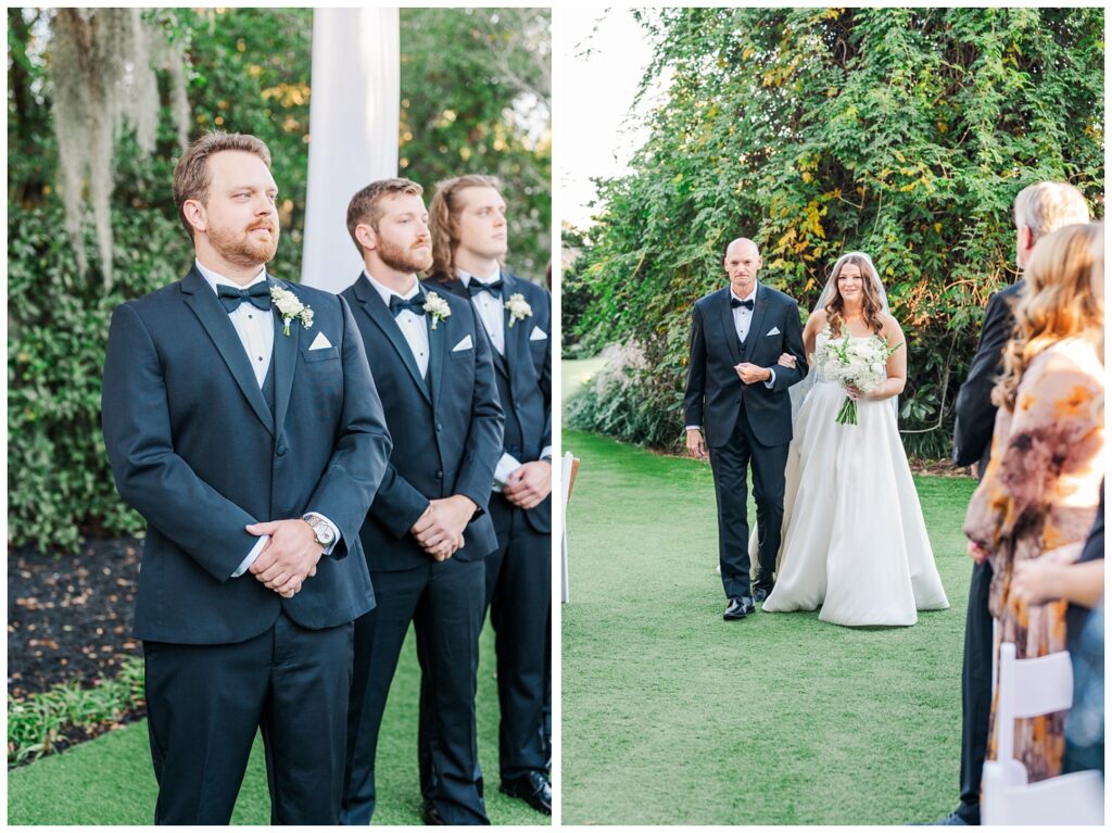 groom watching the bride come down the aisle outside with her dad in Wilmington