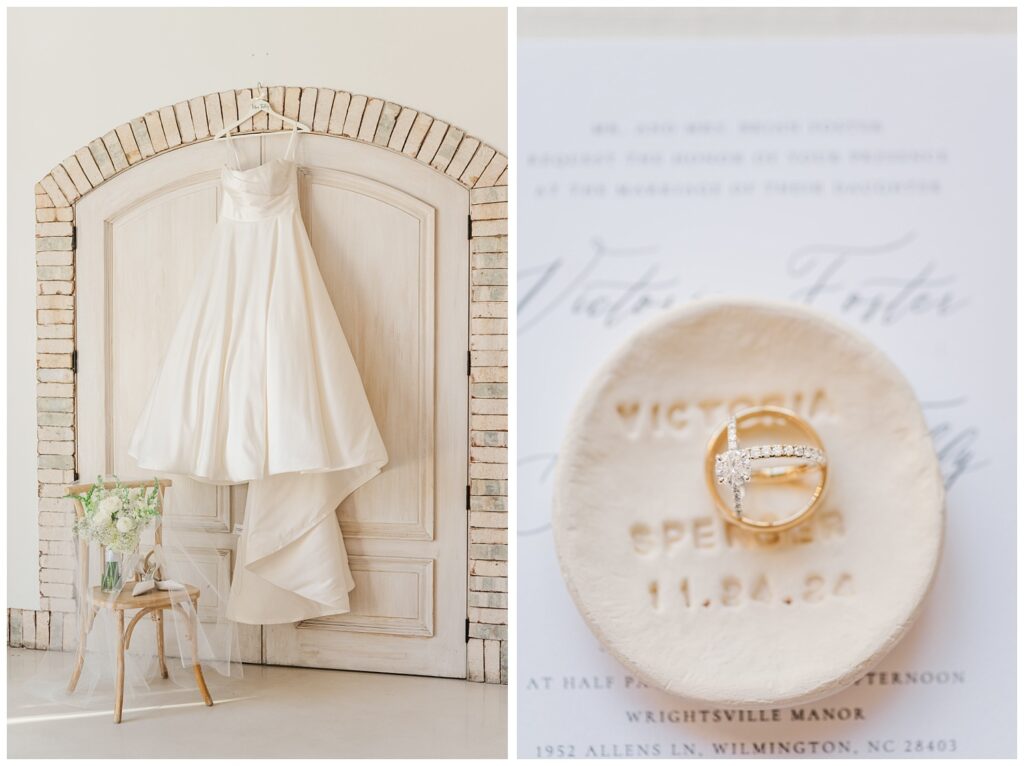 wedding dress hanging from wooden doors next to a chair with the flowers and shoes