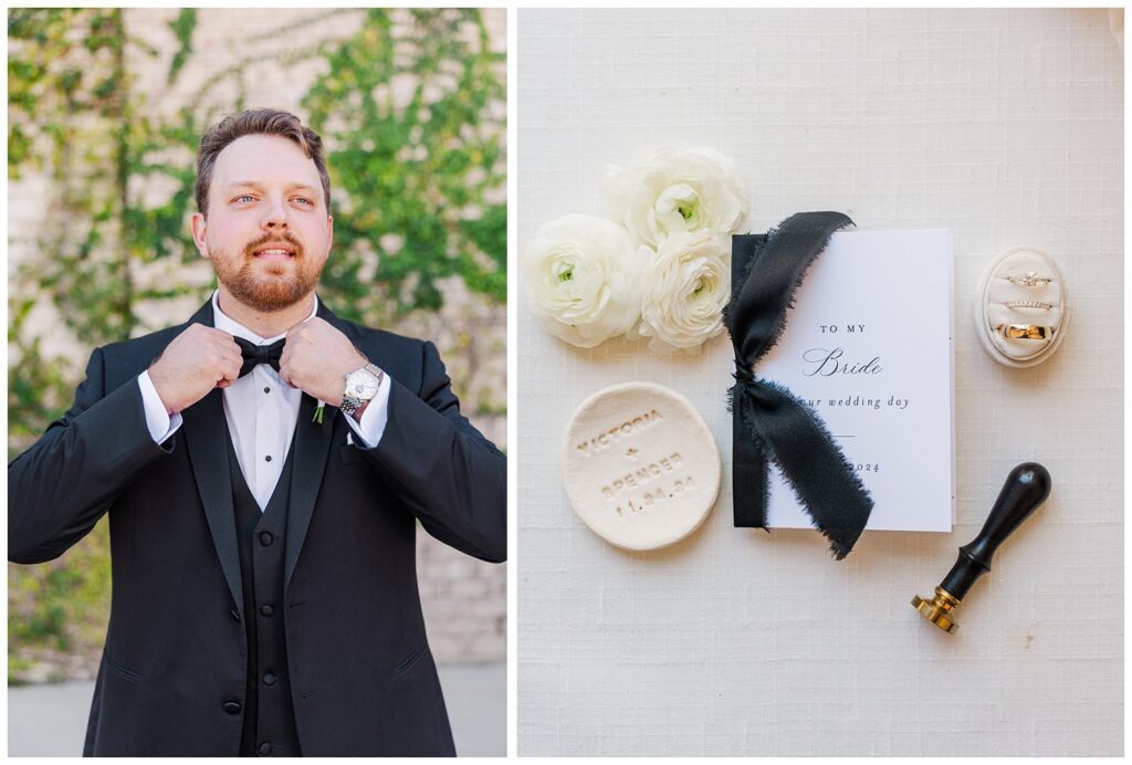 groom adjusting his tie on his tuxedo while getting ready for the ceremony  