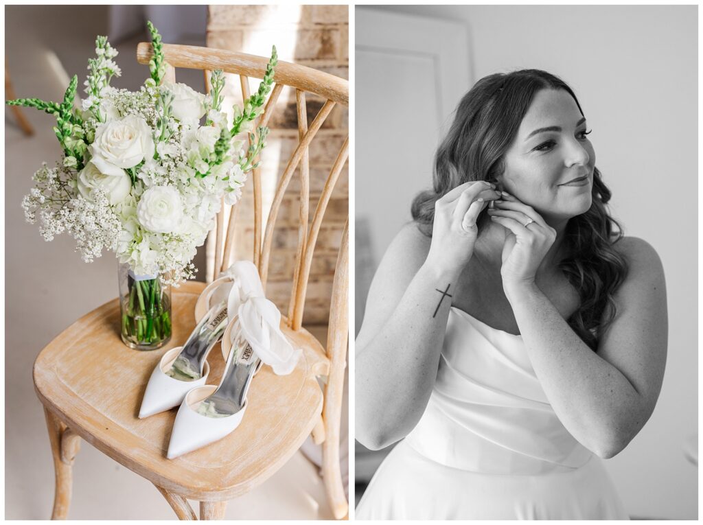 bride adjusting her earrings while getting ready for wedding at Wrightsville Manor in Wilmington