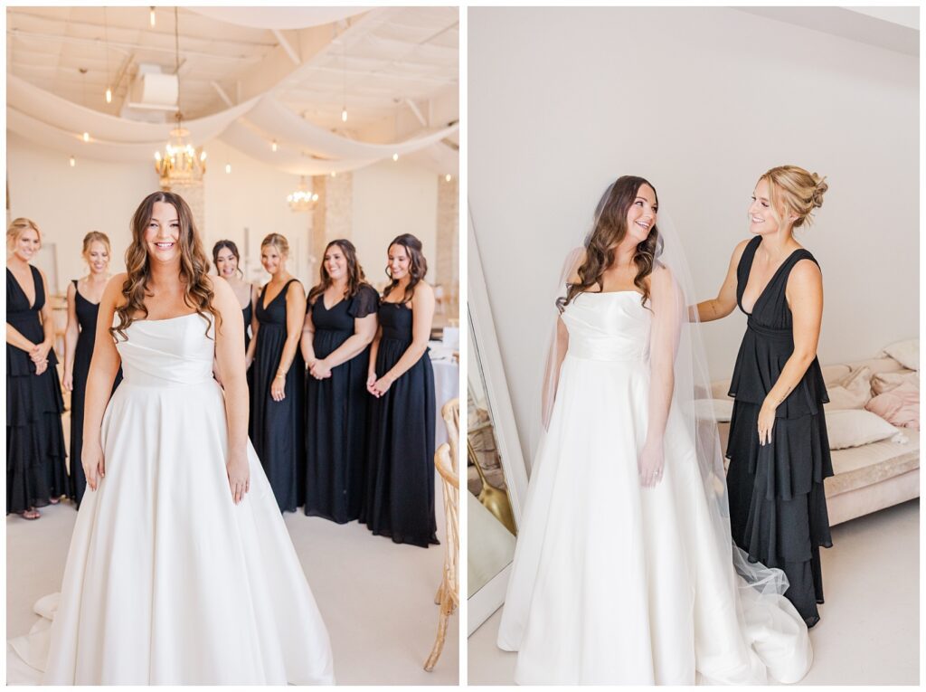bride's maid of honor adjusting her veil before the ceremony at Wilmington wedding