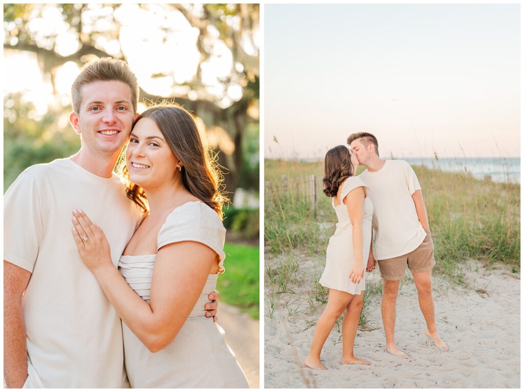 engagement couple kissing on the beach next to the dunes on Wrightsville Beach