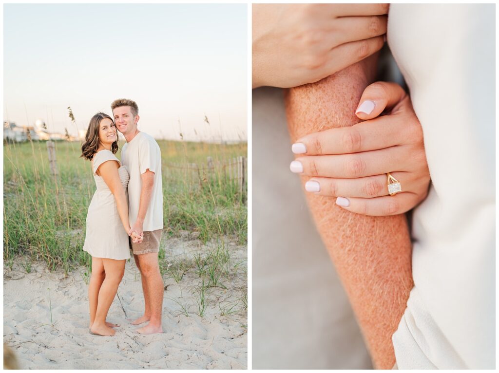 detail of fiancee holding her boyfriend's arm and showing her engagement ring in Wilmington