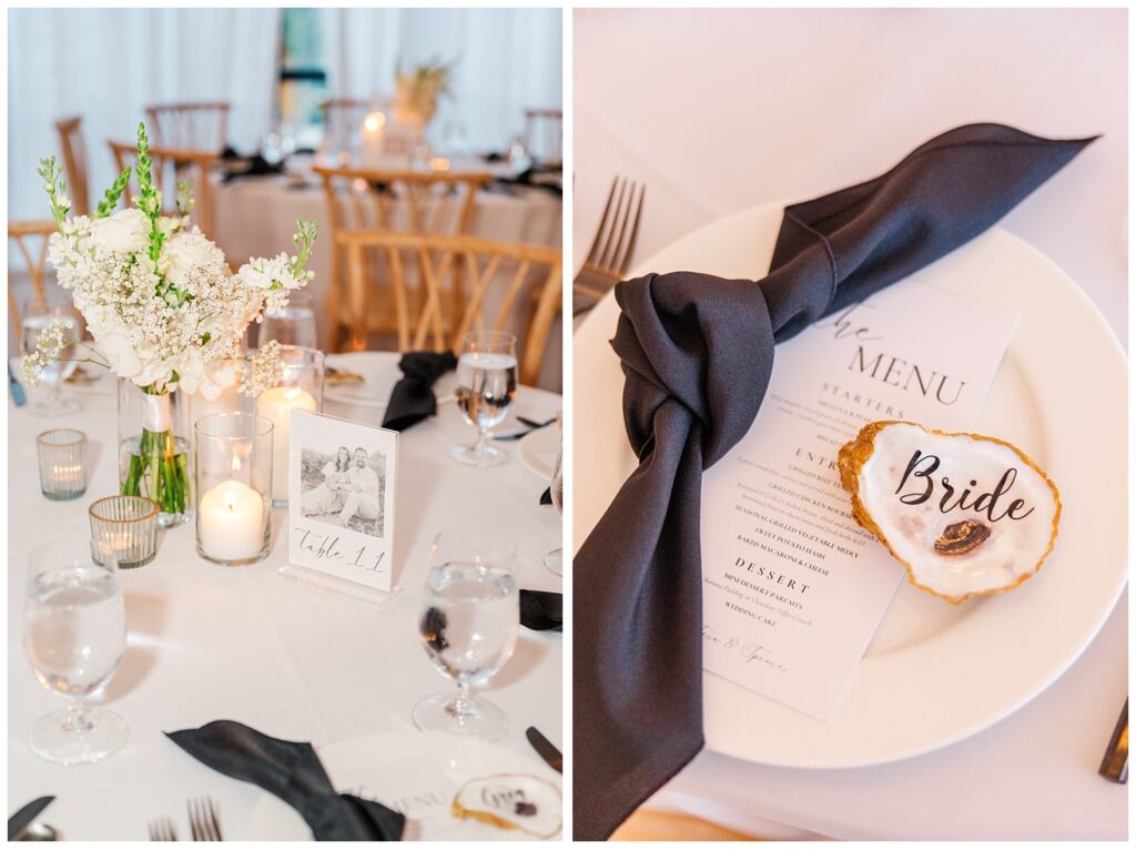 bride's oyster shell sitting on a place along with the menu and black napkin