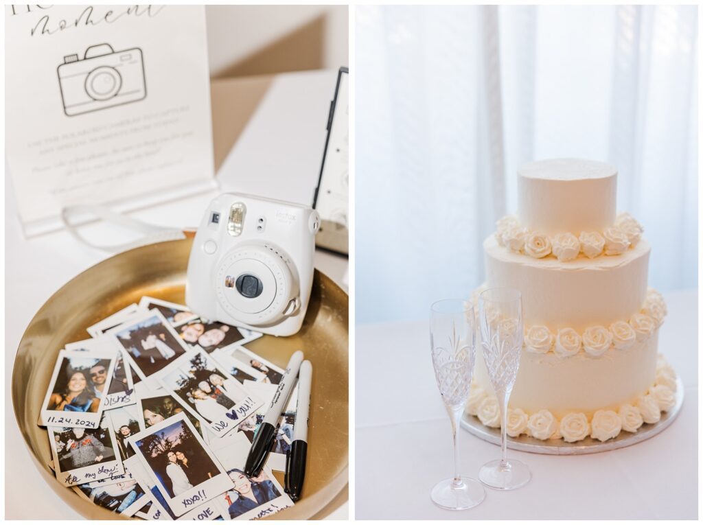 white wedding cake next to champagne glasses on the table in front of a window 