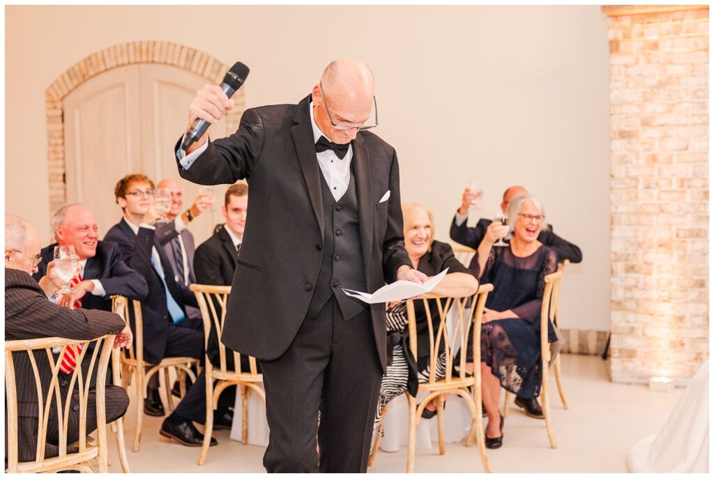 groom's dad giving the opening toast to the bride and groom during Wilmington reception