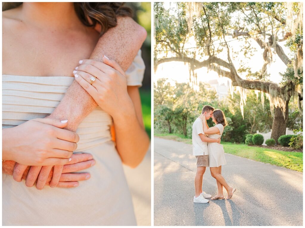 couple touching foreheads and posing in the road for Wilmington engagement portraits 